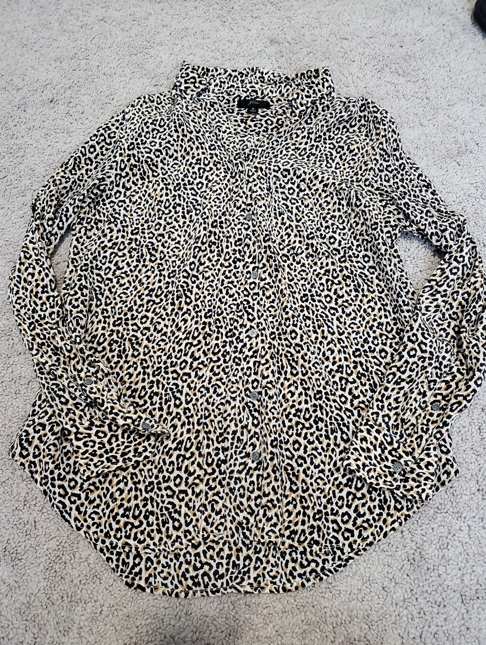 J.Crew 100% Silk Leopard Print Button Down Top